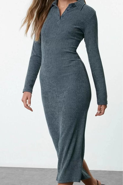 Women Fashion Stylish Maxi Length Polo Neck Fitted Plain Bodycone Textured Button Detail Knitted Dress