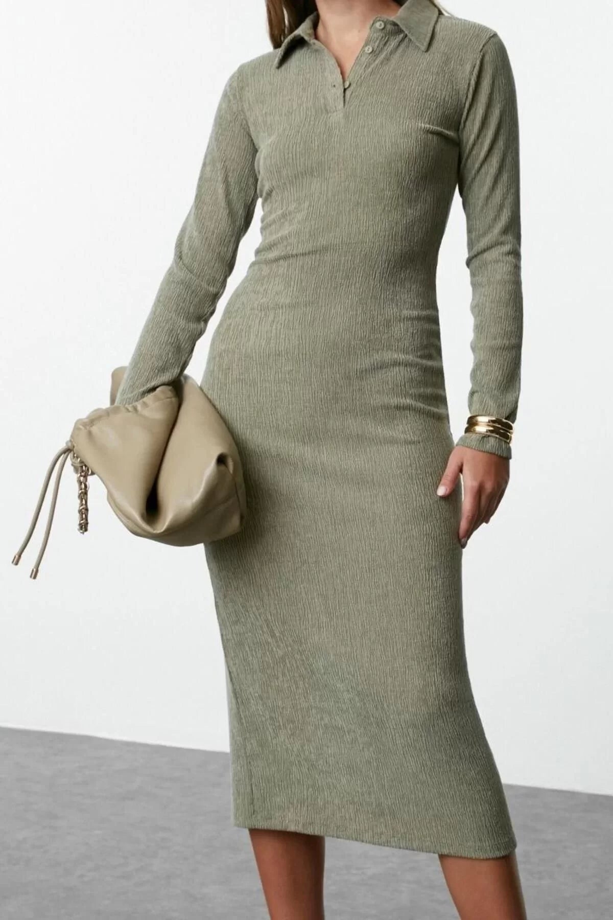 Women Fashion Stylish Maxi Length Polo Neck Fitted Plain Bodycone Textured Button Detail Knitted Dress