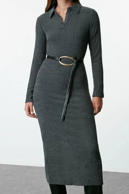 Women Fashion Stylish Maxi Length Polo Neck Fitted Plain Bodycone Textured Button Detail Knitted Dress