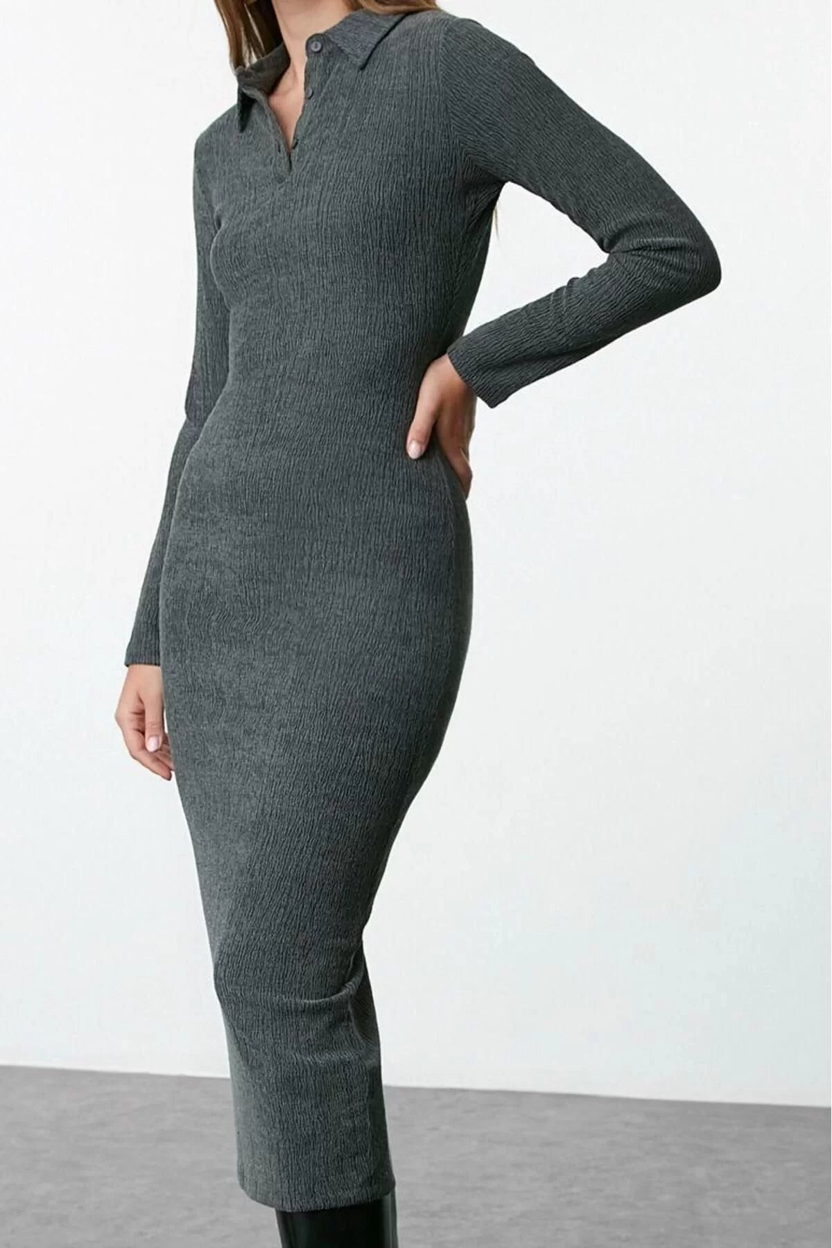 Women Fashion Stylish Maxi Length Polo Neck Fitted Plain Bodycone Textured Button Detail Knitted Dress