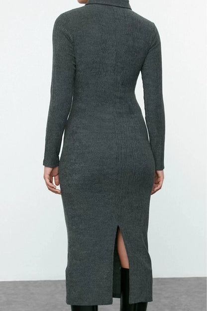 Women Fashion Stylish Maxi Length Polo Neck Fitted Plain Bodycone Textured Button Detail Knitted Dress