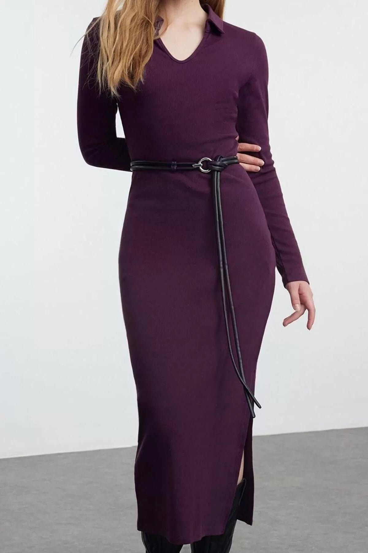 Women Fashion Stylish Midi Length V Neck Fitted Plain Polo Neck Bodycone Knitted Dress