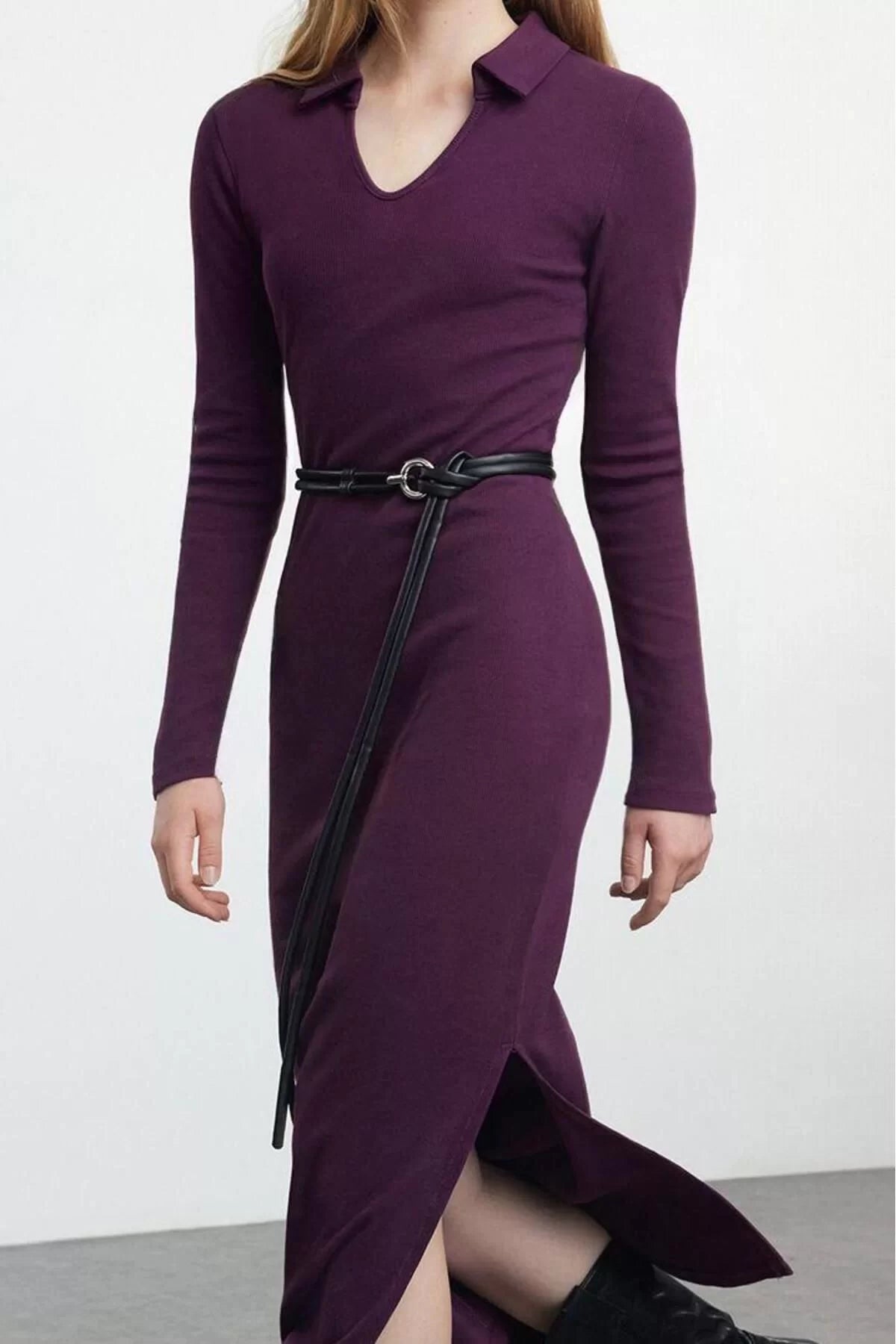 Women Fashion Stylish Midi Length V Neck Fitted Plain Polo Neck Bodycone Knitted Dress