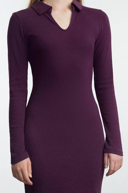 Women Fashion Stylish Midi Length V Neck Fitted Plain Polo Neck Bodycone Knitted Dress