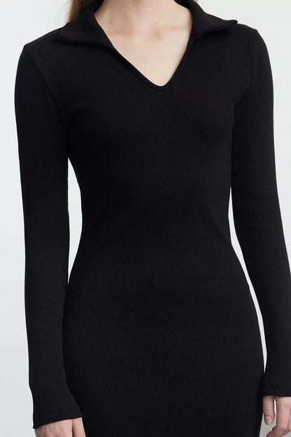 Women Fashion Stylish Midi Length V Neck Fitted Plain Polo Neck Bodycone Knitted Dress