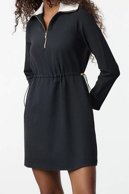 Women Fashion Stylish Mini Length Stand Collar Regular A Cut Adjustable Waist Woven Dress