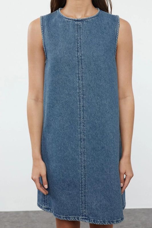 Women Fashion Stylish Mini Length Crew Neck Denim Oversize Dress