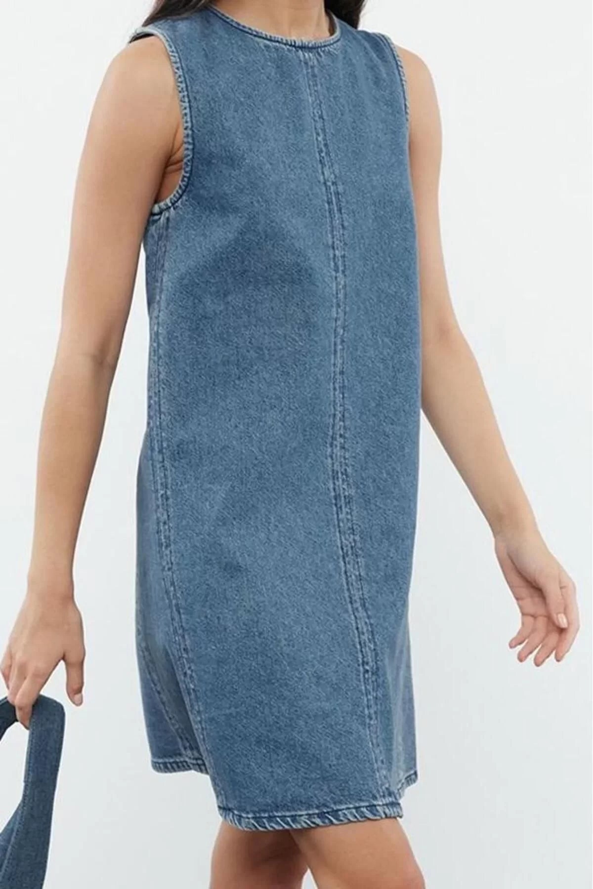 Women Fashion Stylish Mini Length Crew Neck Denim Oversize Dress