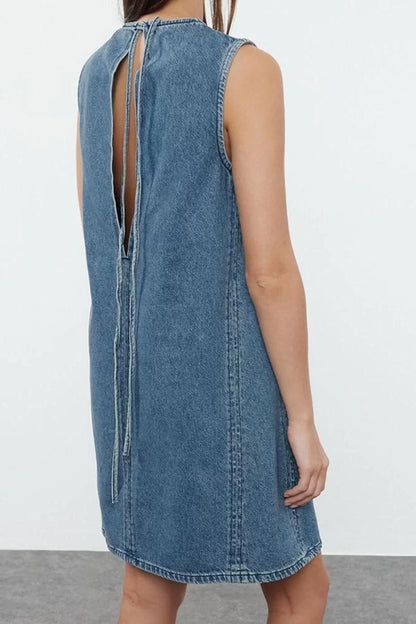 Women Fashion Stylish Mini Length Crew Neck Denim Oversize Dress