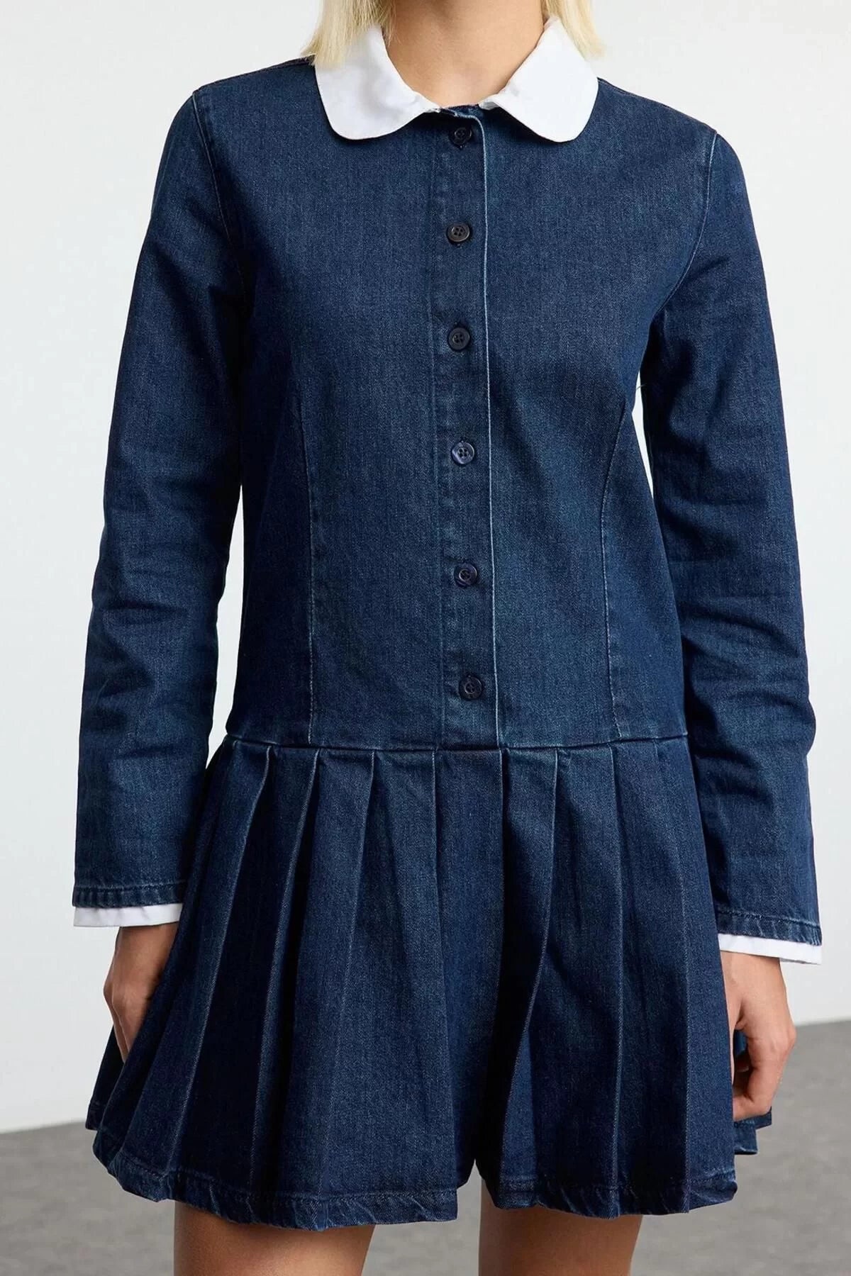 Women Fashion Stylish Mini Length Shirt Collar Denim Pleated Dress