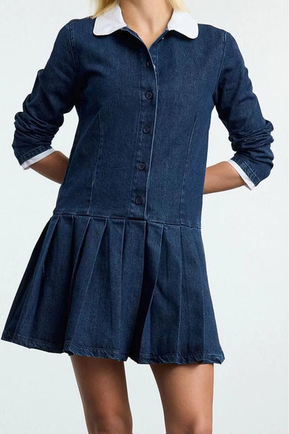 Women Fashion Stylish Mini Length Shirt Collar Denim Pleated Dress