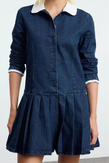 Women Fashion Stylish Mini Length Shirt Collar Denim Pleated Dress