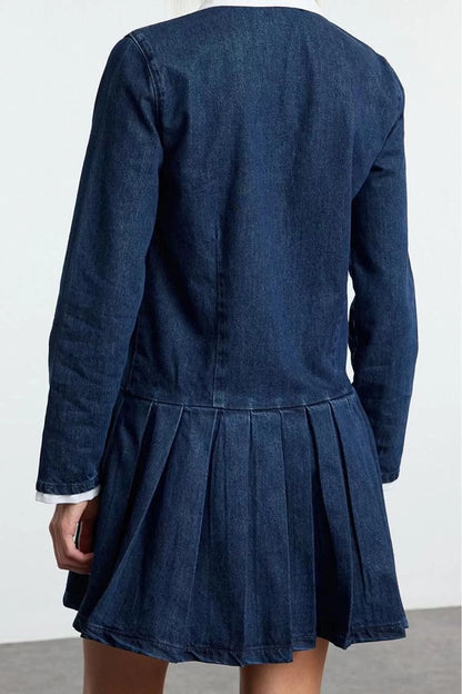 Women Fashion Stylish Mini Length Shirt Collar Denim Pleated Dress