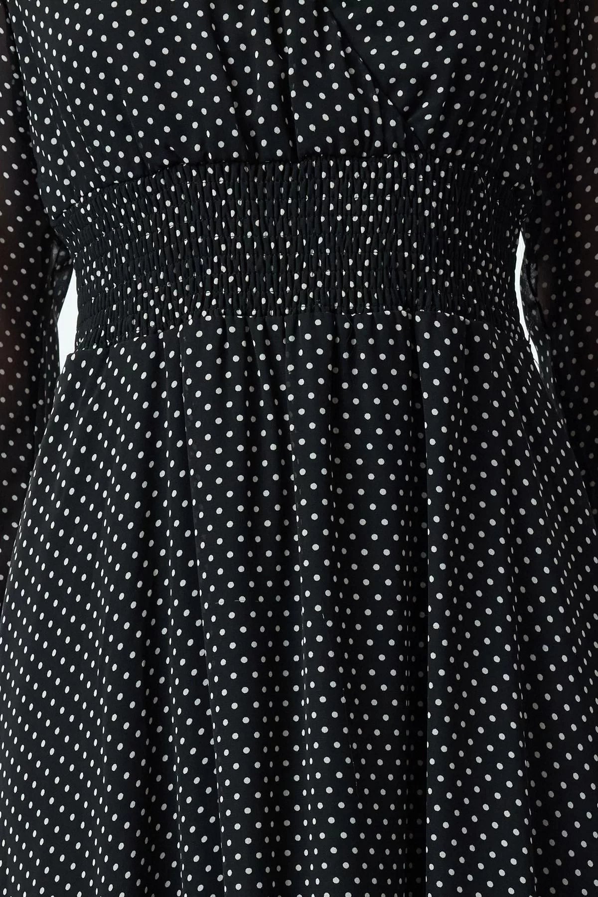 Women's Midi Length Double Breasted Polka Dot A-Line Neck Handkerchief Skirt Detailed Lined Chiffon Woven Dress