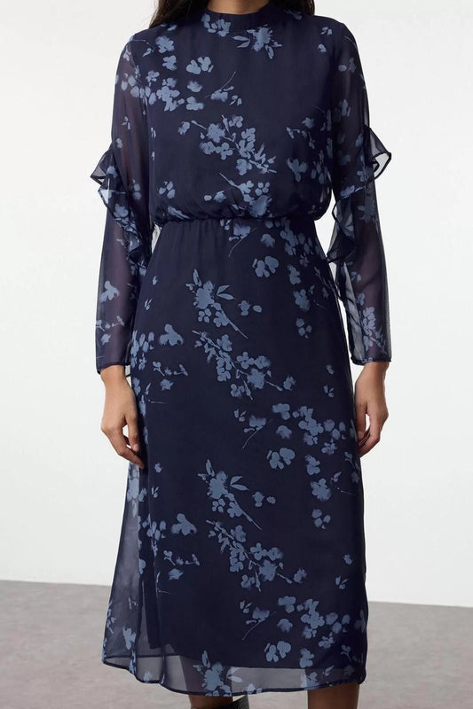 Women Fashion Stylish Midi Length Stand Collar Regular Floral A Cut Woven Winter Dress