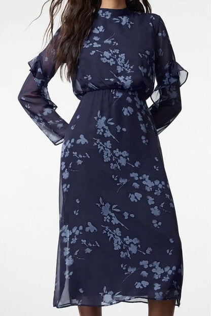 Women Fashion Stylish Midi Length Stand Collar Regular Floral A Cut Woven Winter Dress