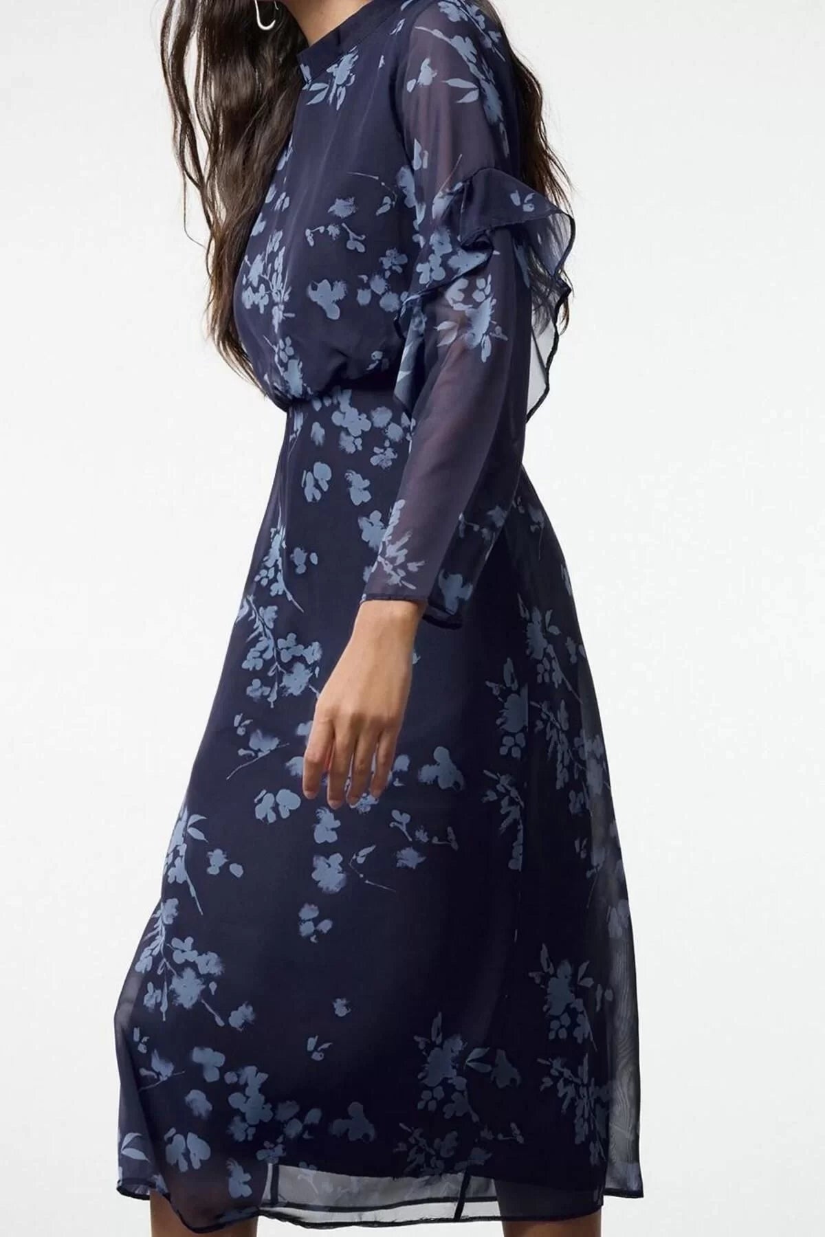 Women Fashion Stylish Midi Length Stand Collar Regular Floral A Cut Woven Winter Dress