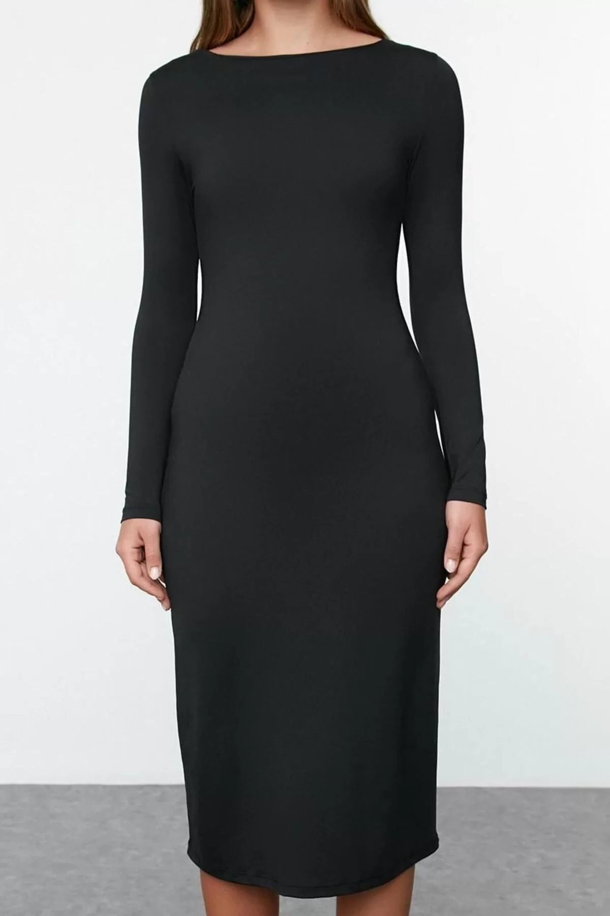 Women Fashion Stylish Midi Length Boat Neck Slim Plain Bodycone Fitted Polyamide Knit Dress