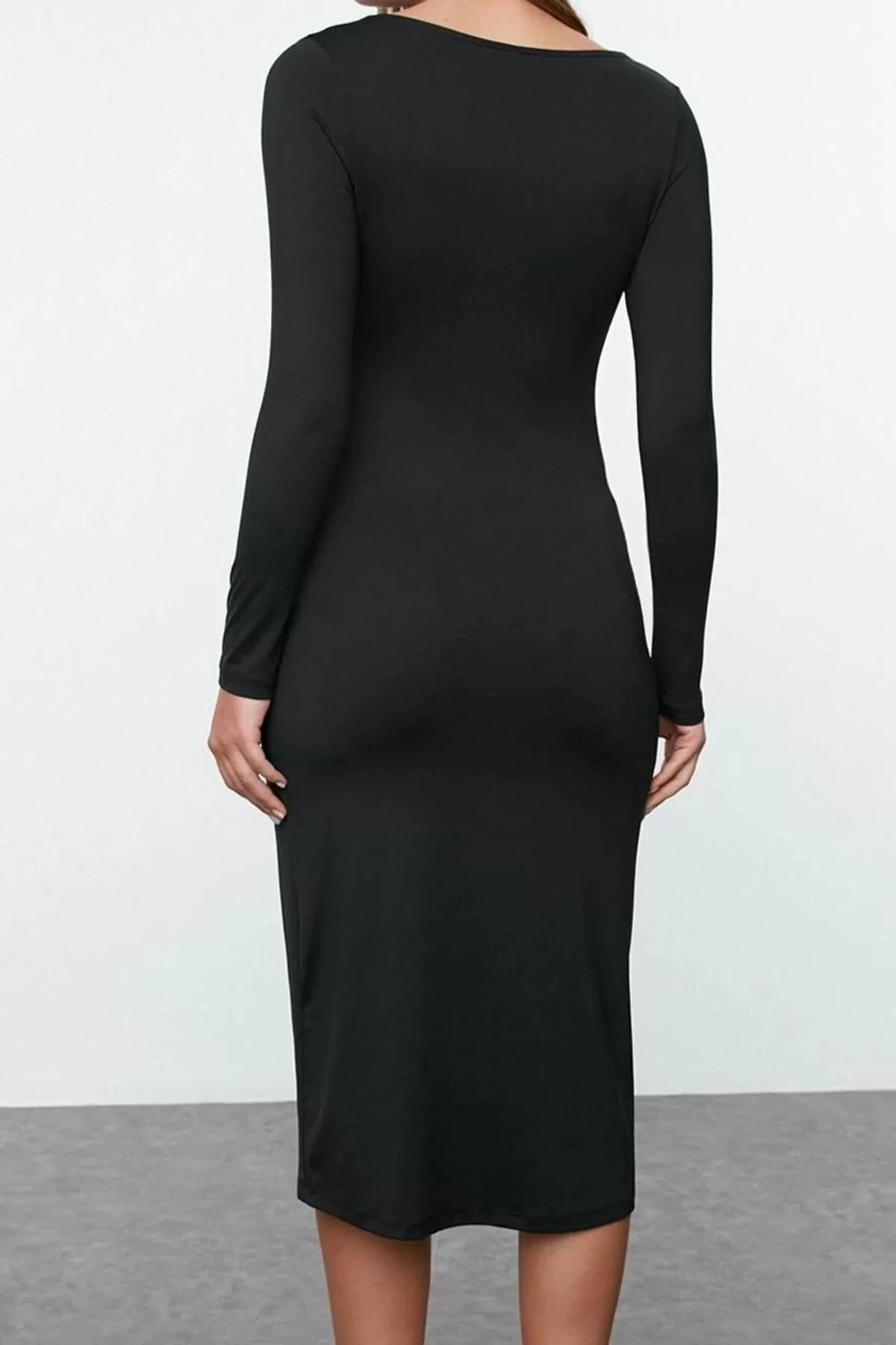 Women Fashion Stylish Midi Length Boat Neck Slim Plain Bodycone Fitted Polyamide Knit Dress