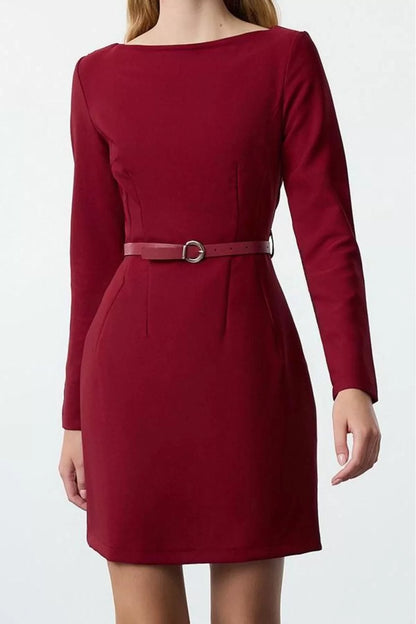 Women Fashion Stylish Mini Length Boat Neck Fitted Belted Bodycon Woven Dress