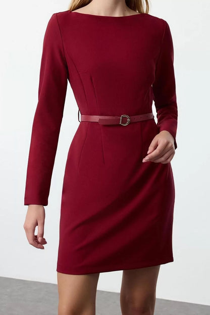 Women Fashion Stylish Mini Length Boat Neck Fitted Belted Bodycon Woven Dress