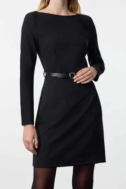 Women Fashion Stylish Mini Length Boat Neck Fitted Belted Bodycon Woven Dress