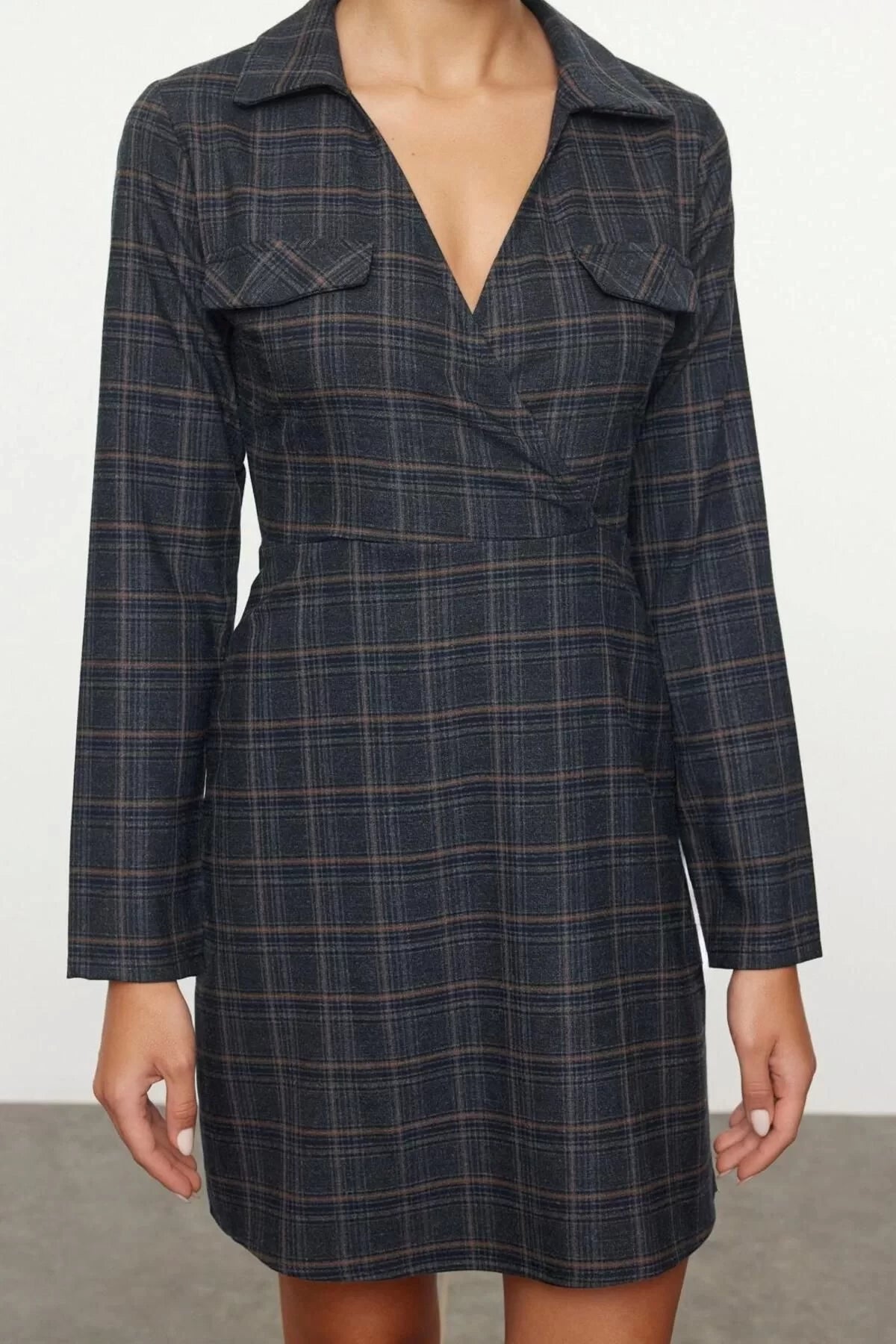 Women Fashion Stylish Mini Length Shirt Collar Regular Plaid A Cut Double Breasted Winter Woven Dress