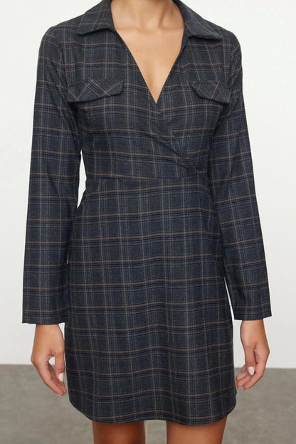 Women Fashion Stylish Mini Length Shirt Collar Regular Plaid A Cut Double Breasted Winter Woven Dress