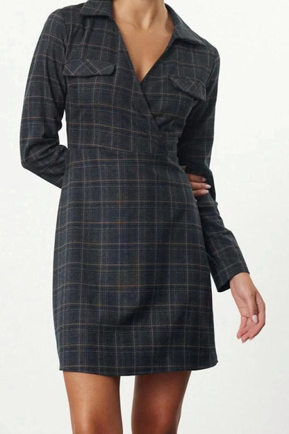 Women Fashion Stylish Mini Length Shirt Collar Regular Plaid A Cut Double Breasted Winter Woven Dress