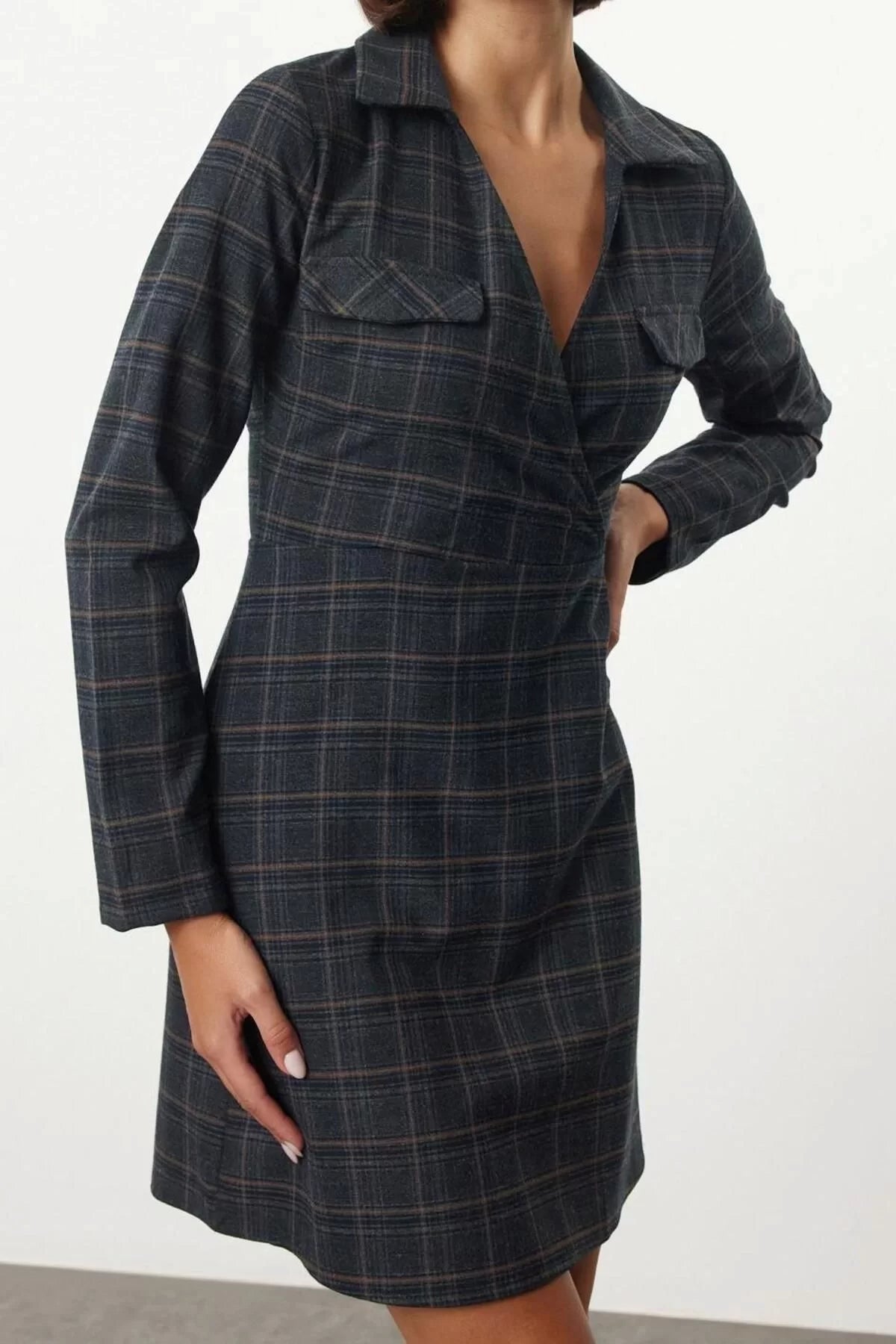 Women Fashion Stylish Mini Length Shirt Collar Regular Plaid A Cut Double Breasted Winter Woven Dress