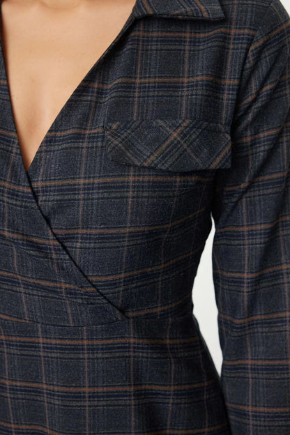 Women Fashion Stylish Mini Length Shirt Collar Regular Plaid A Cut Double Breasted Winter Woven Dress