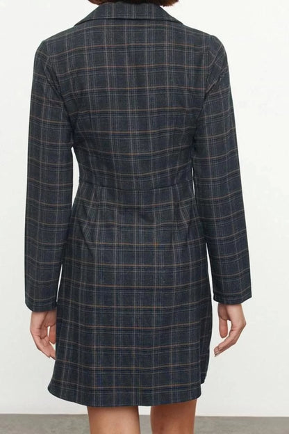 Women Fashion Stylish Mini Length Shirt Collar Regular Plaid A Cut Double Breasted Winter Woven Dress