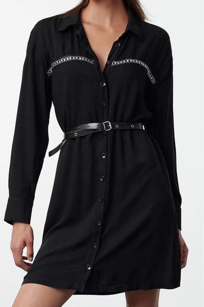 Women Fashion Stylish Mini Length Shirt Collar Regular Belted Troc Detailed Woven Shirt Dress