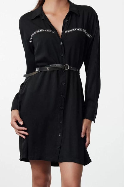 Women Fashion Stylish Mini Length Shirt Collar Regular Belted Troc Detailed Woven Shirt Dress