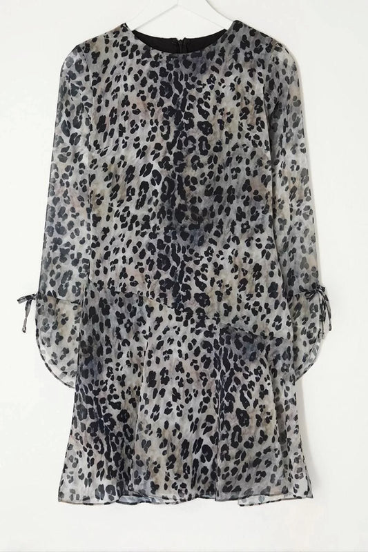 Women Fashion Stylish Mini Length Crew Neck Regular Skirt Flounce Leopard Patterned Woven Winter Dress