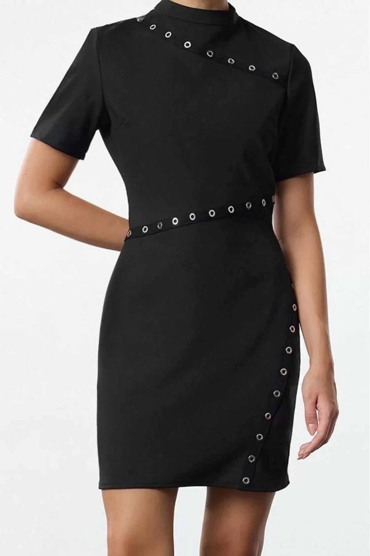 Women Fashion Stylish Mini Length Stand Collar Regular Eyelet Detailed Body-fitting Woven Dress