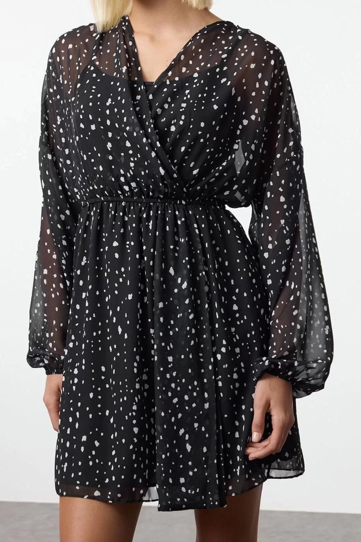 Women Fashion Stylish Mini Length Double Breasted Regular Polka Dot Patterned A Cut Collar Lined Chiffon Woven Dress