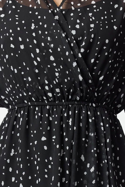 Women Fashion Stylish Mini Length Double Breasted Regular Polka Dot Patterned A Cut Collar Lined Chiffon Woven Dress