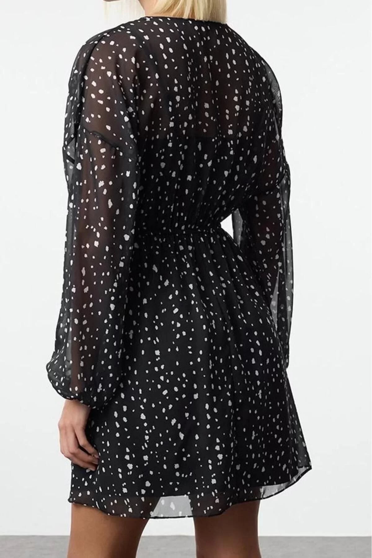 Women Fashion Stylish Mini Length Double Breasted Regular Polka Dot Patterned A Cut Collar Lined Chiffon Woven Dress