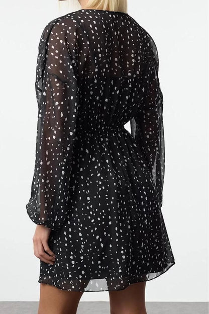 Women Fashion Stylish Mini Length Double Breasted Regular Polka Dot Patterned A Cut Collar Lined Chiffon Woven Dress