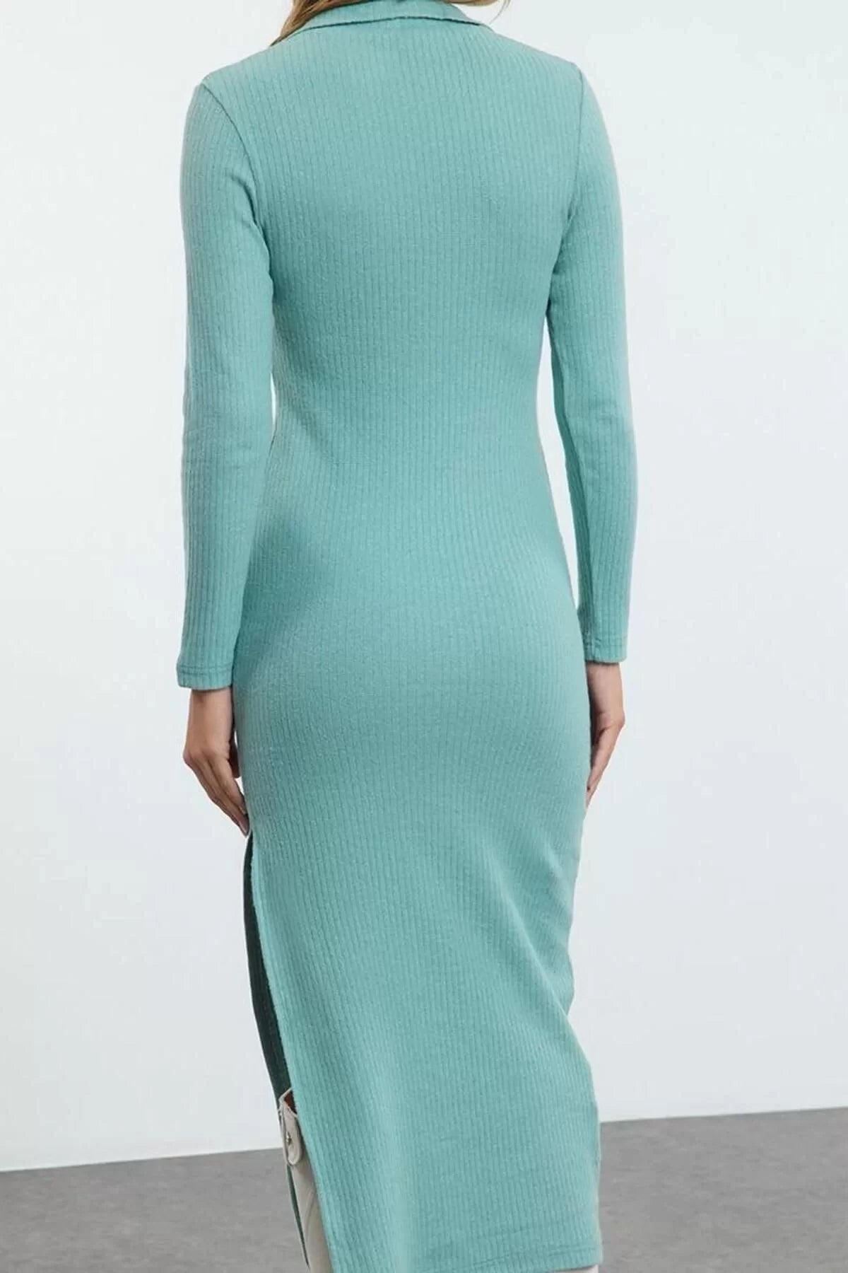 Women Fashion Stylish Midi Length Polo Neck Slim Plain Bodycone Slit Detail Knitted Dress