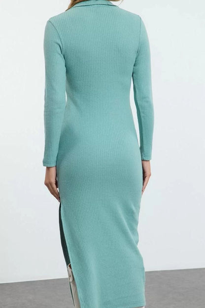 Women Fashion Stylish Midi Length Polo Neck Slim Plain Bodycone Slit Detail Knitted Dress