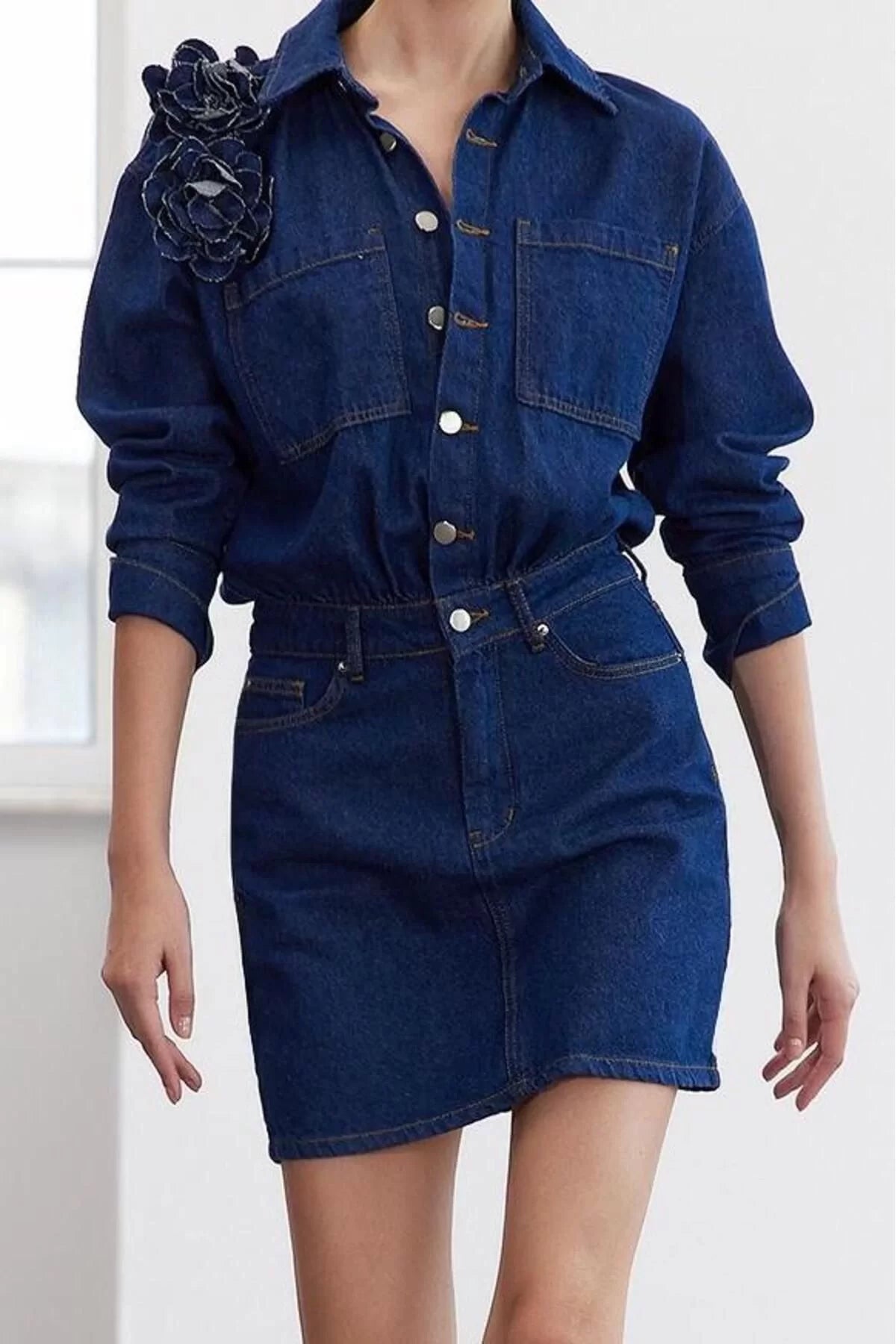 Women Fashion Stylish Regular Size Shirt Collar Regular Limited Edition Rose Detailed Denim Dress