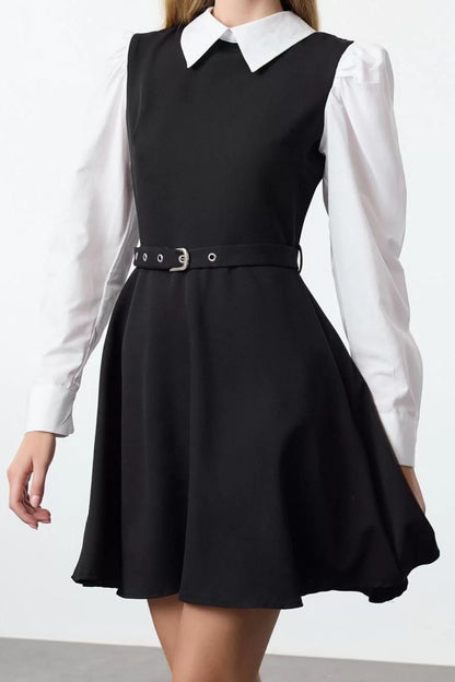 Women's Fashion Stylish Mini Length Shirt Collar Regular Belted Waist Open Shirt Detailed Woven Dress