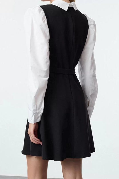 Women's Fashion Stylish Mini Length Shirt Collar Regular Belted Waist Open Shirt Detailed Woven Dress