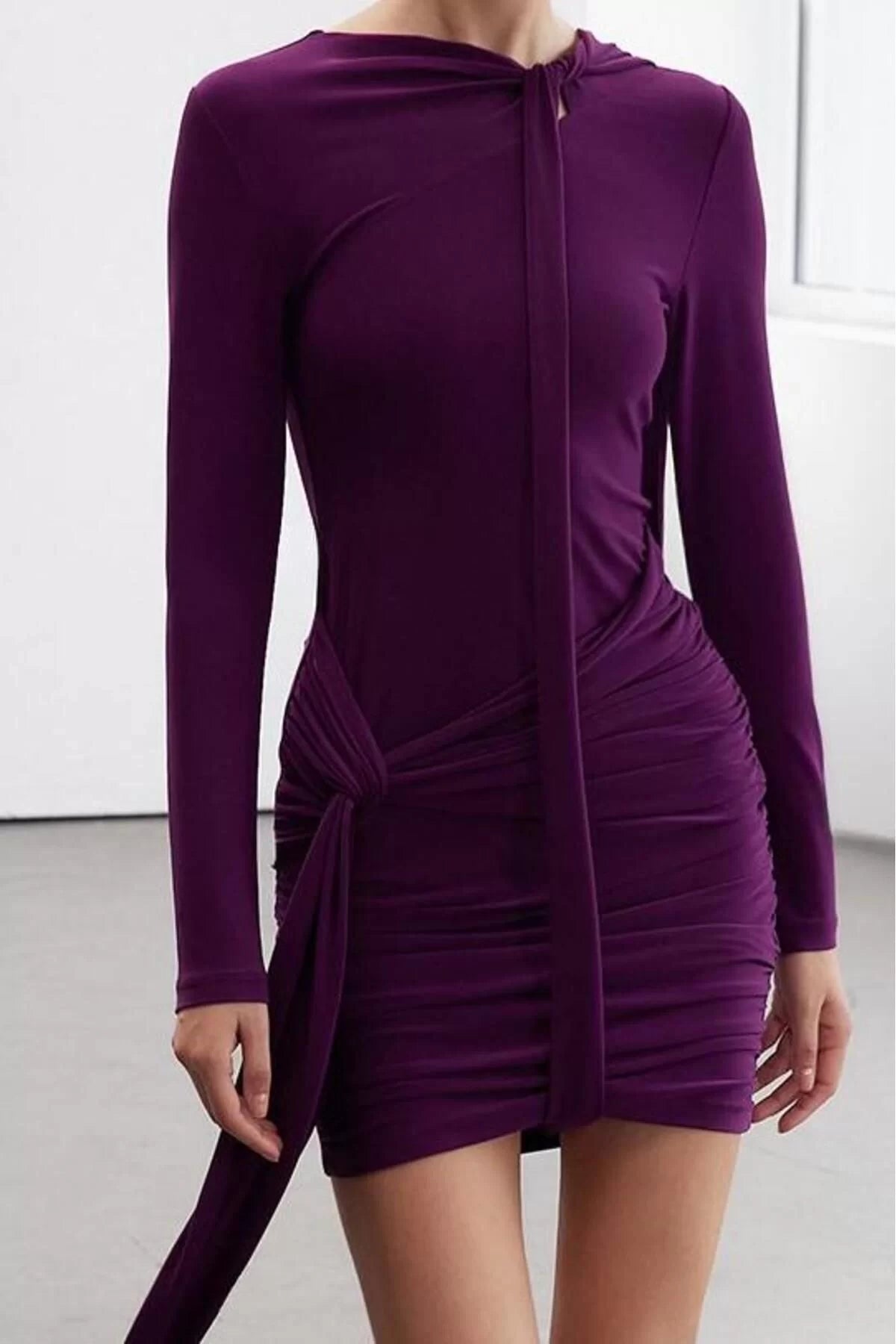 Women Fashion Stylish Mini Length Stand Collar Regular Ruffle Detail Bodycone Fitted Stretchy Knitted Dress