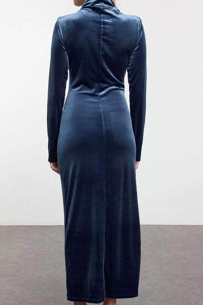 Women Fashion Stylish Midi Length Stand Collar Slim Plain Gather Drape Detail Bodycone Fitted Knitted Dress