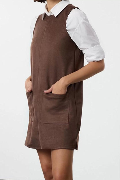 Women Fashion Stylish Mini Length Crew Neck Relaxed Plain Plain Pocket Detailed A line Bell Cut Knitted Dress