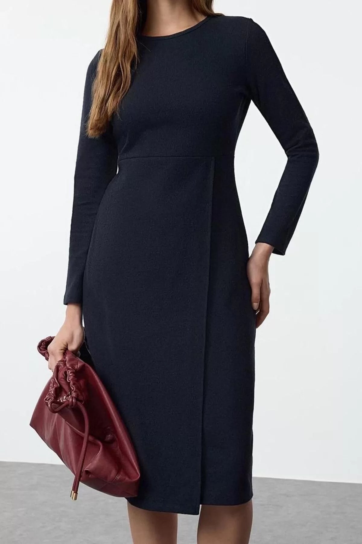 Women Fashion Stylish Midi Length Crew Neck Slim Plain Selanik Wrap Flexible Knitted Dress