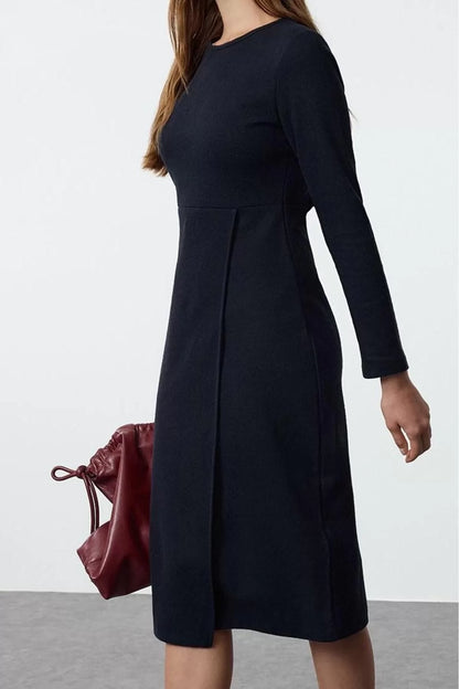 Women Fashion Stylish Midi Length Crew Neck Slim Plain Selanik Wrap Flexible Knitted Dress